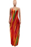 Red Sexy Print Patchwork Spaghetti Strap Straight Dresses