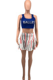 Blue Casual Sportswear Print Vests U Neck Sleeveless Two Pieces