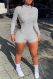 Red Fashion Casual Solid Basic Zipper Collar Long Sleeve Skinny Romper