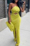 Yellow Sexy Solid Hollowed Out Backless Slit Spaghetti Strap Long Dress