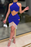 Blue Sexy Solid Tassel Halter Sleeveless Two Pieces