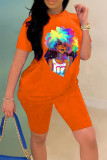 Red Fashion Casual Print Basic O Neck Short Sleeve Two Pieces