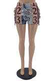 Blue Casual Print Tassel Patchwork Straight Mid Waist Straight Full Print Bottoms