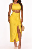 Yellow Sexy Casual Solid Split Joint Asymmetrical O Neck Sleeveless Two Pieces