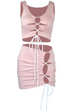 Pink Sexy Solid Bandage Hollowed Out Patchwork U Neck Sleeveless Two Pieces