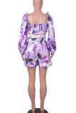 Purple Sexy Print Bandage Patchwork V Neck Long Sleeve Two Pieces