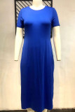 Blue Fashion Casual Solid Slit O Neck Plus Size Two Pieces