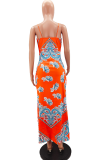 Blue Sexy Print Patchwork Spaghetti Strap Straight Dresses