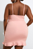 Pink Sexy Solid Hollowed Out Patchwork Backless Flounce Spaghetti Strap Sling Dress Plus Size Dresses
