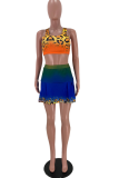 Yellow Sexy Print Patchwork Square Collar Sleeveless Two Pieces