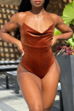 Coffee Fashion Sexy Solid Backless Swimwears