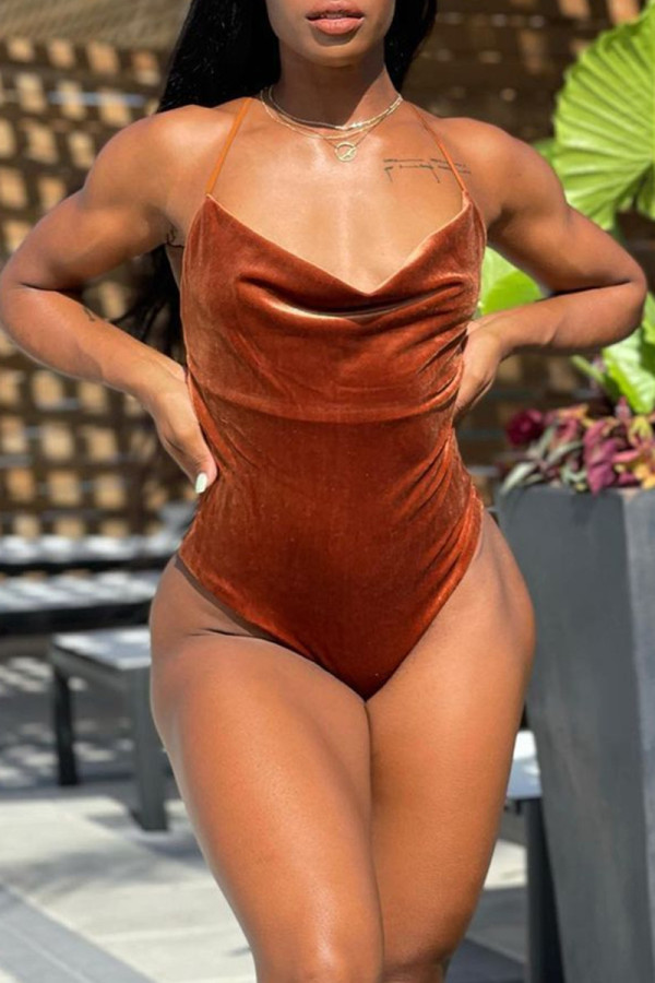 Coffee Fashion Sexy Solid Backless Swimwears