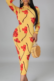 Yellow Sexy Print Patchwork V Neck Pencil Skirt Dresses