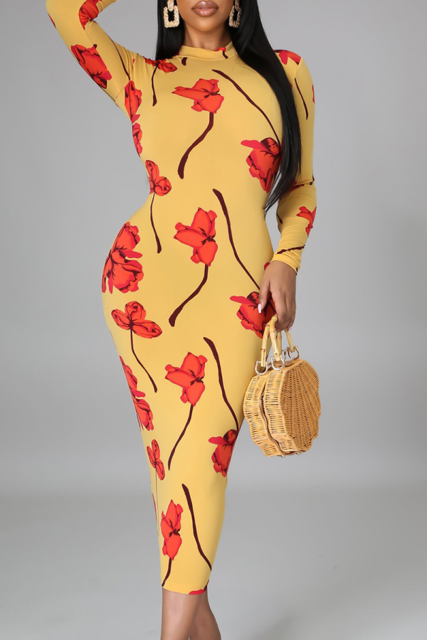 Yellow Sexy Print Patchwork V Neck Pencil Skirt Dresses