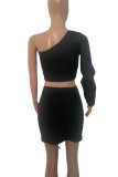 Black Fashion Sexy Solid Fold Oblique Collar Long Sleeve Two Pieces