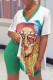Green Street Print Patchwork High Opening V Neck Short Sleeve Two Pieces