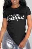 Black Casual Print Letter O Neck T-Shirts