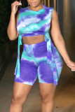 Blue Casual Print Bandage Patchwork O Neck Sleeveless Two Pieces