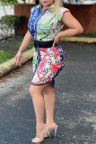 Blue Casual Print Patchwork Turndown Collar Shirt Dress Dresses