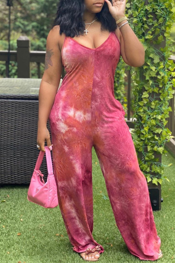 Rose Red Sexy Casual Tie Dye Printing Spaghetti Strap Regular Jumpsuits