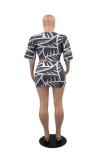 Grey Sexy Print Patchwork V Neck Short Sleeve Two Pieces