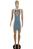 Blue White Fashion Sexy Patchwork Hollowed Out Turtleneck Sleeveless Dress