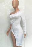 White Fashion Sexy Solid Backless Oblique Collar Irregular Dress