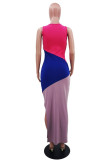 Multicolor Fashion Casual Patchwork Slit O Neck Long Dress