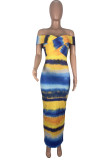 Gold Fashion Casual Print Backless Off the Shoulder Short Sleeve Dress