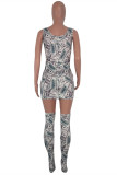 Green Fashion Sexy Print Backless U Neck Vest Dress
