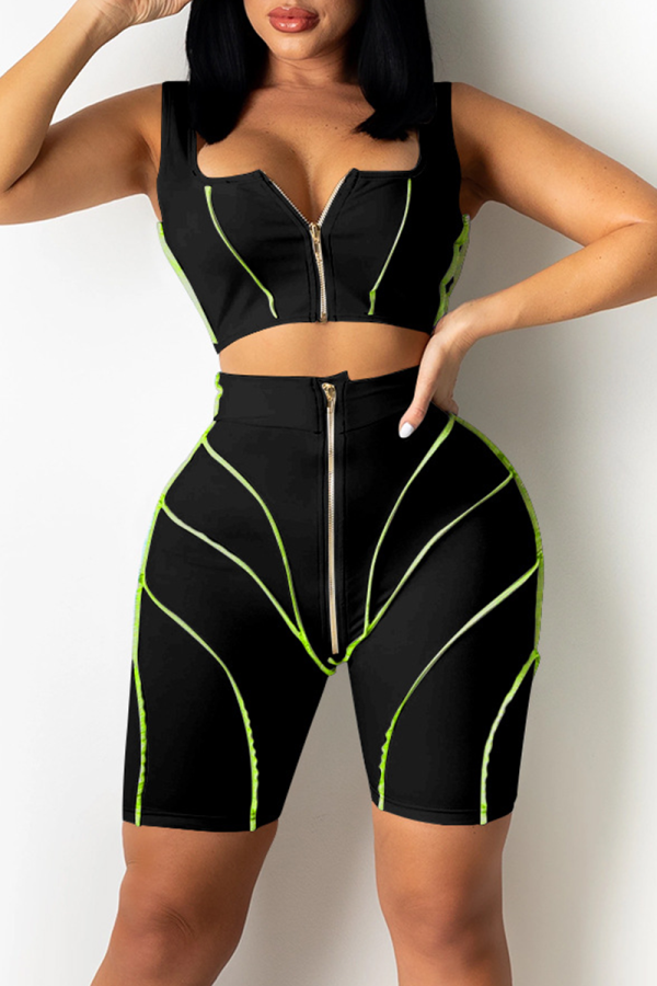 Black Sexy Solid Split Joint Zipper Collar Sleeveless Two Pieces