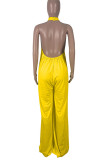 Yellow Casual Solid Patchwork Backless Halter Loose Jumpsuits
