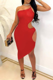 Red Fashion Sexy Solid Hollowed Out Backless One Shoulder Sling Dress