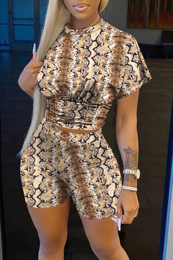 Brown Casual Print Patchwork O Neck Short Sleeve Two Pieces