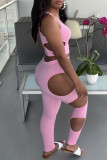 Pink Fashion Sexy Solid Hollowed Out U Neck Sleeveless Two Pieces
