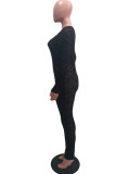 Black Fashion Sexy Patchwork Hollowed Out See-through O Neck Skinny Jumpsuits