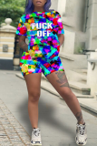 Colour Casual Print Patchwork O Neck Short Sleeve Two Pieces