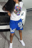 Blue Fashion Casual Print Basic O Neck Short Sleeve Two Pieces