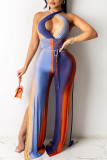 Red Sexy Print Hollowed Out Patchwork Frenulum Cardigan Halter Straight Jumpsuits