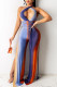 Deep Blue Sexy Print Hollowed Out Patchwork Frenulum Cardigan Halter Straight Jumpsuits