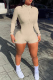 Red Fashion Casual Solid Basic Zipper Collar Long Sleeve Skinny Romper