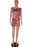 Red Casual Print Patchwork O Neck Short Sleeve Two Pieces