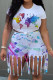 White Casual Print Tassel Patchwork O Neck Short Sleeve Two Pieces
