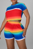 Rainbow Color Casual Striped Patchwork O Neck Short Sleeve Two Pieces