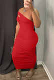 Red Fashion Sexy Solid Backless One Shoulder Sleeveless Dress
