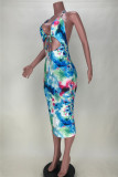 Blue Sexy Print Tie Dye Backless Strap Design Halter Sleeveless Dress