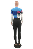 Blue Fashion Casual Print Ripped Draw String O Neck Short Sleeve Two Pieces