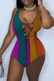 Red Fashion Sexy Patchwork Bandage Hollowed Out U Neck Skinny Bodysuits