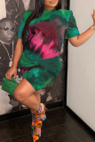 Green Sexy Patchwork Tie-dye O Neck Straight Plus Size Dresses