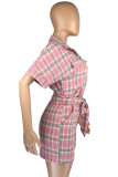 Pink Fashion Casual Plaid Print Bandage Turndown Collar Short Sleeve Two Pieces